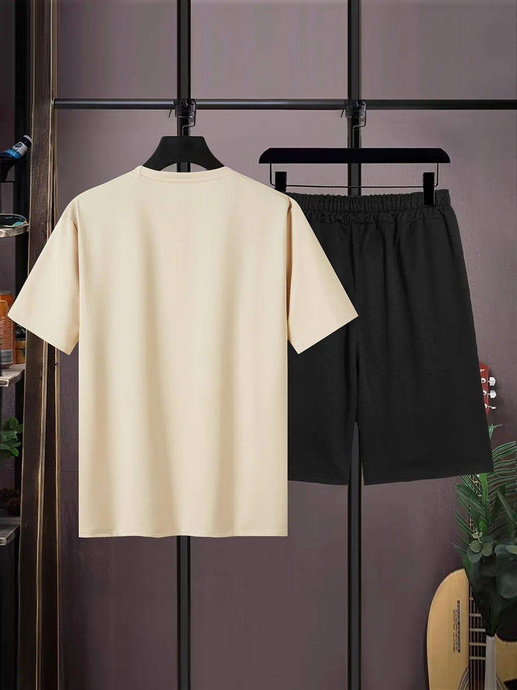 Mens Summer Shorts + T-Shirt Set - SS166 - Cream Black