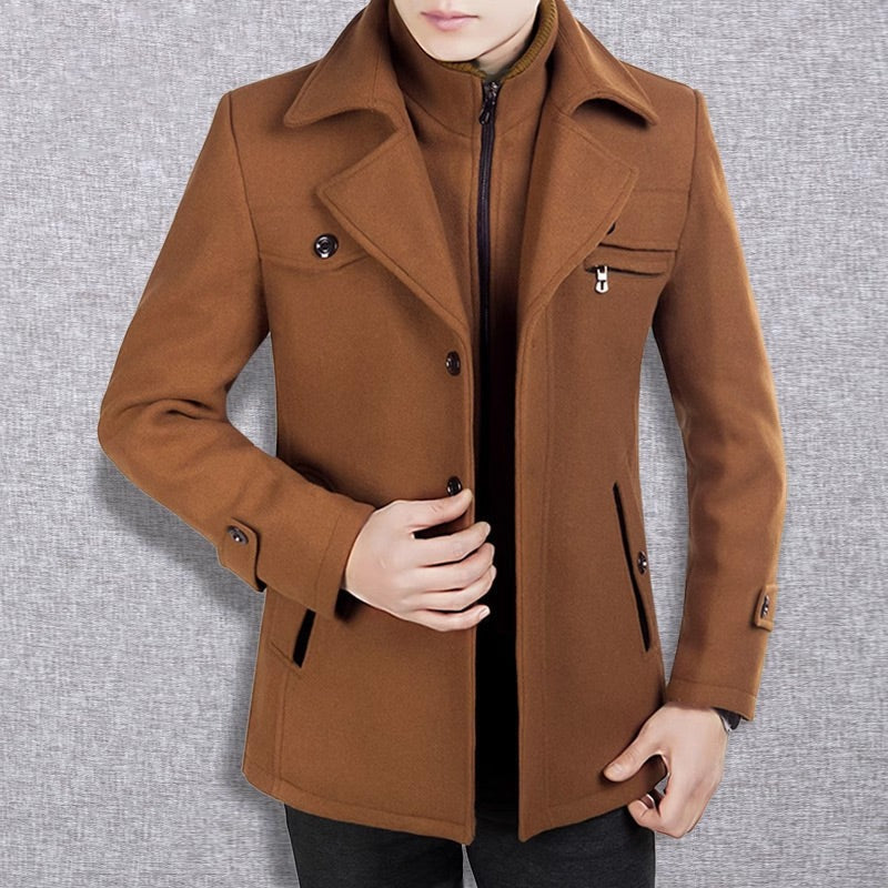 Premium Men’s Tweed Coat – Winter Long Overcoat with Inner Zip-Up Layer | Wool Blend Warm Stylish Jacket | 784