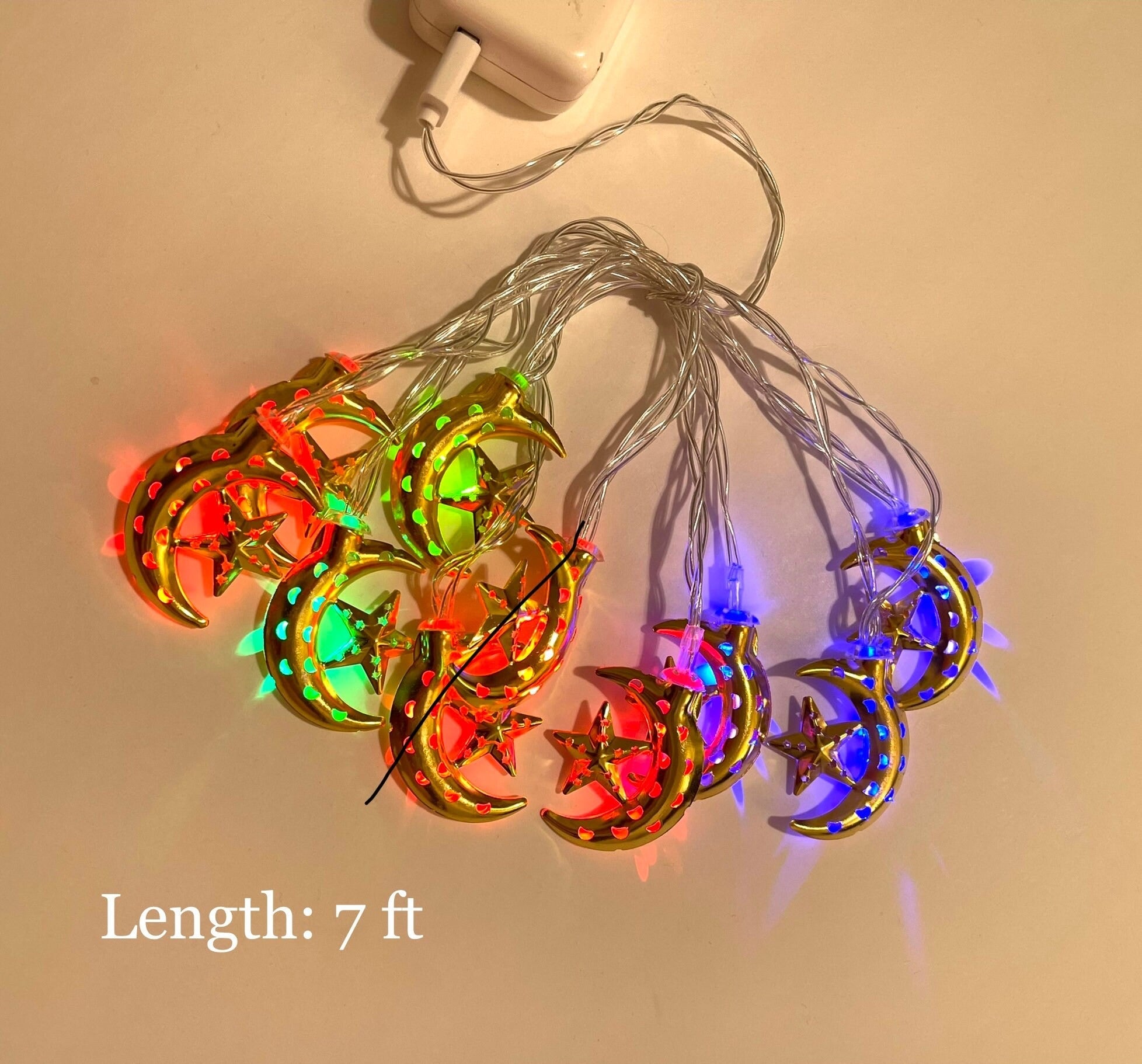 Eid Ramadan Lights: Gold Crescent Moon, Multi Color Lights
