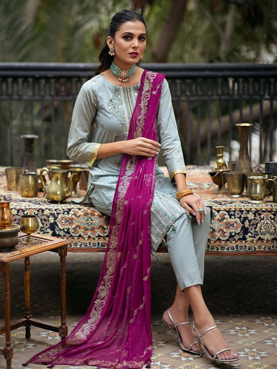1 & Get 1 Free - Unstitched 3pc - Heavy Embroidered Shirt Front with Lawn Printed Back & Sleeves With Mukesh Chiffon Dupatta & Dyed Cambric Trouser- Oznur Mukesh Article 305
